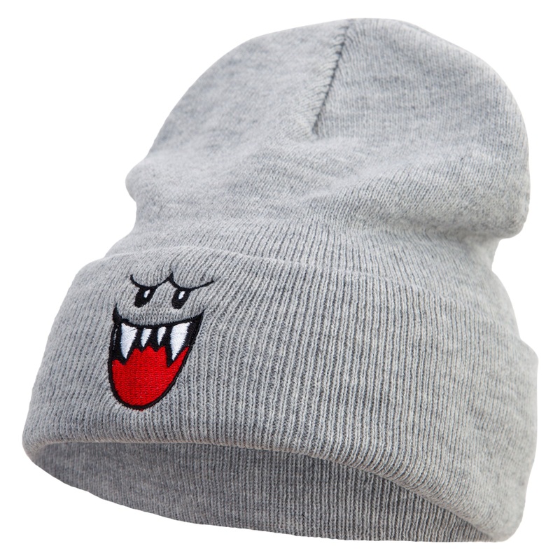 Mario Ghost Face Embroidered 12 Inch Long Knitted Beanie Heather Grey One Size