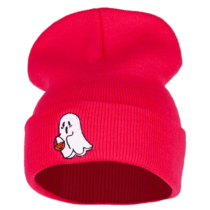 Halloween Trick or Treating Ghost Embroidered Long Knitted Beanie Magenta One Size