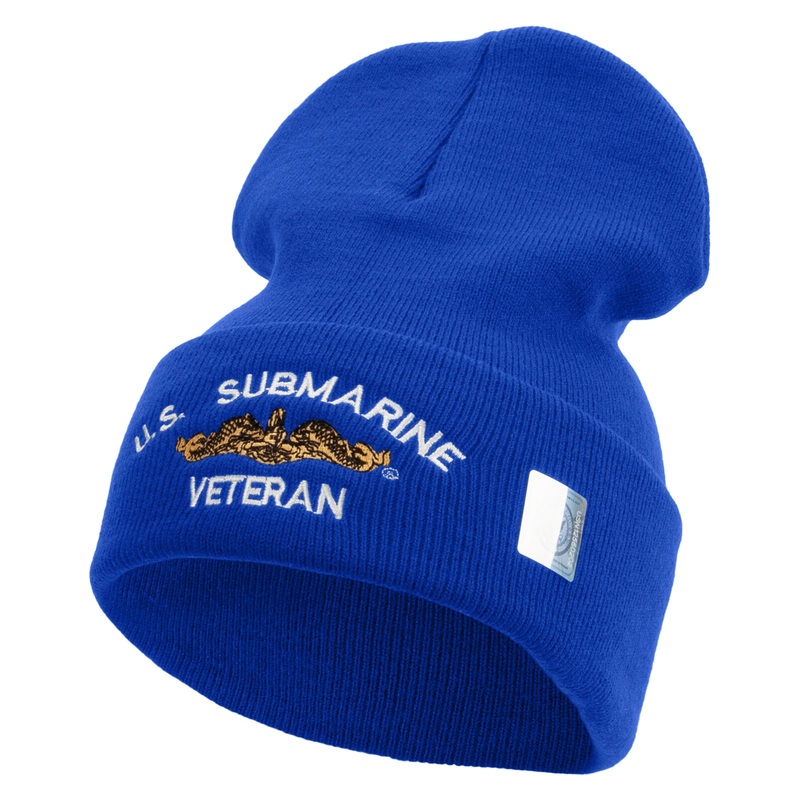 Made in USA Golden Dolphin US Submarine Veteran Logo Embroidered 12 Inch Solid Knit Cuff Long Beanie Royal Blue One Size
