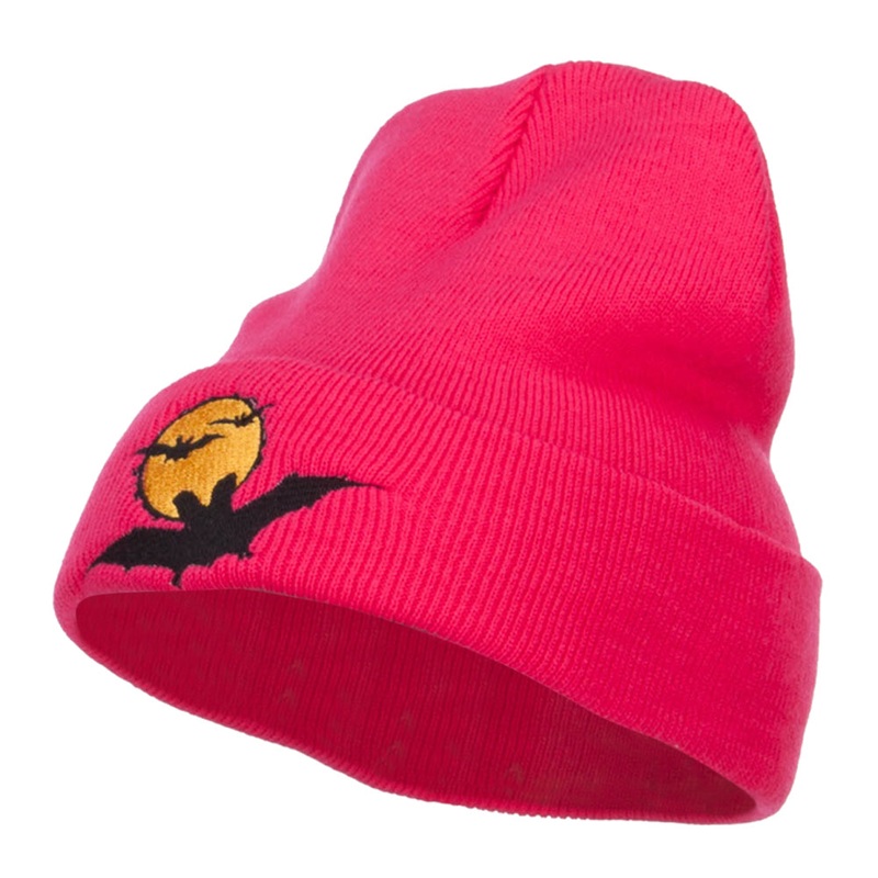 Moon Bats Halloween Embroidered Long Beanie Magenta One Size