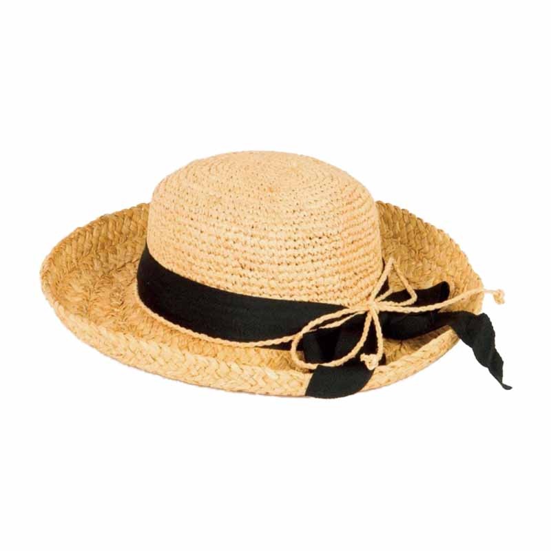 Petite Crocheted Raffia Kettle Brim with Black Bow – San Diego Hat Natural Small (54 CM)