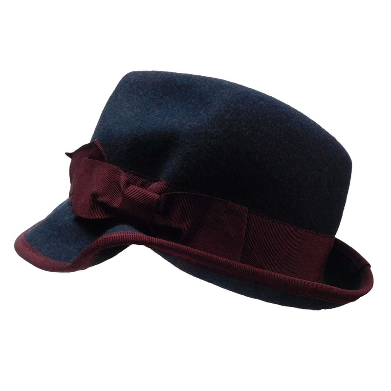 Bent Brim Navy Fedora Hat with Burgundy Ribbon Band – JSA Wool Hats Navy Small (56 cm)