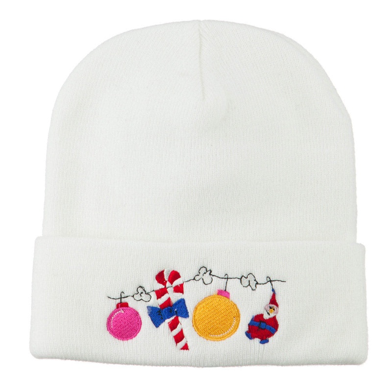 Christmas Garland Elf Candy Embroidered Beanie White One Size