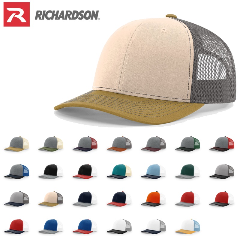 Richardson 112 Trucker Cap Tri Color Hats Three Colors Mink Beige/Charcoal/Amber Gold