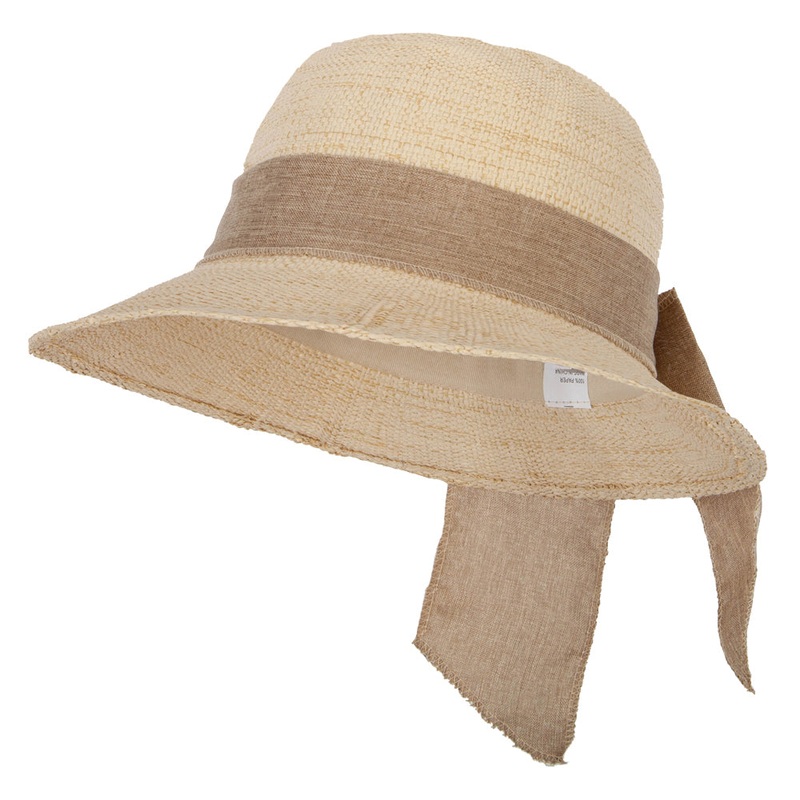 Women’s Paper Braid Cotton Wide Ribbon Tie Accented Bucket Hat Tan One Size