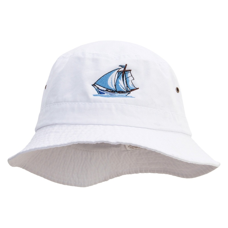 Blue Sail Boat Embroidered Big Size Washed Bucket Hat White XL-2XL