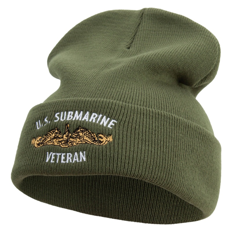 Made in USA Golden US Submarine Veteran Logo 12 Inch Solid Knit Cuff Long Beanie Olive One Size
