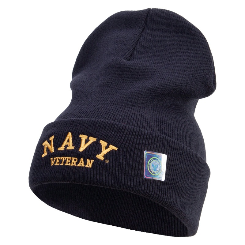 Made in USA Navy Veteran Letters Logo Embroidered 12 Inch Solid Knit Cuff Long Beanie Navy One Size