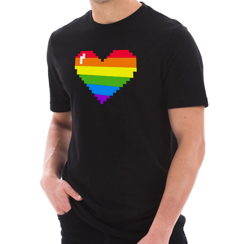 Pixel Rainbow Heart Graphic Design Short Sleeve Cotton Jersey T-Shirt Black XS