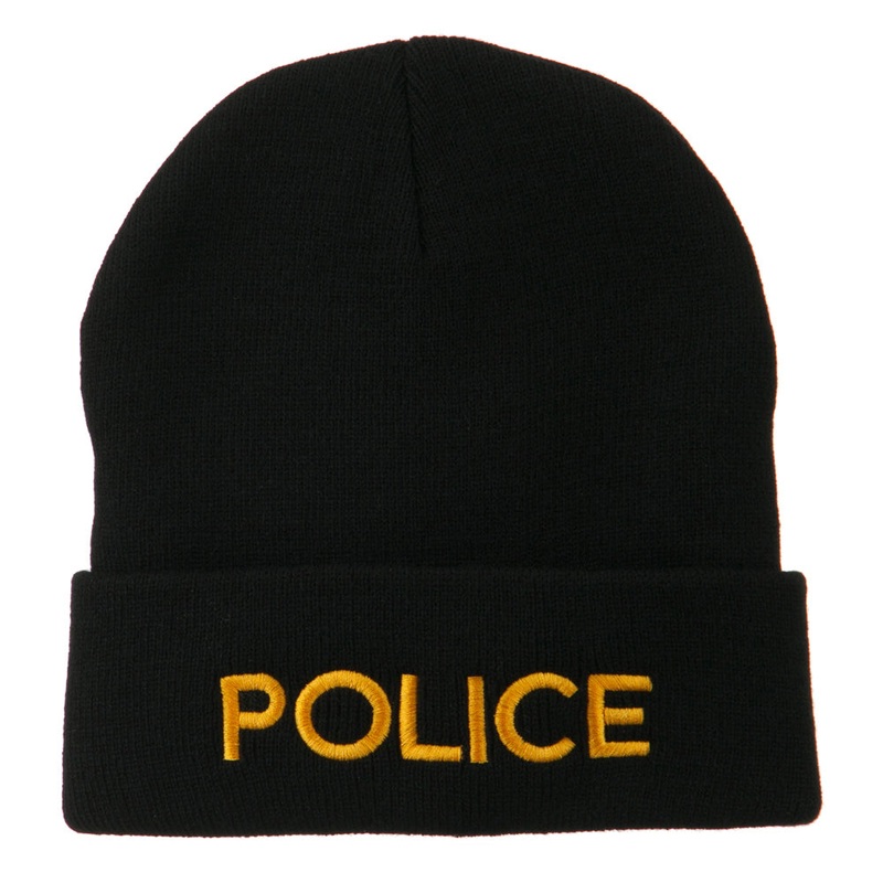 Police Embroidered Long Cuff Beanie Black One Size