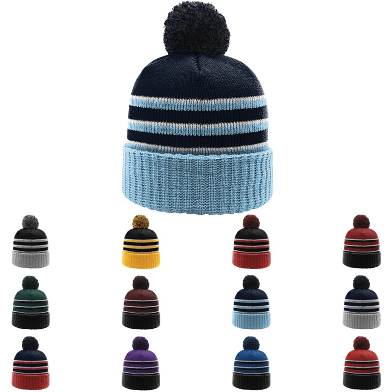 Richardson 134 – Striped Knit Beanie with Cuff & Pom – 134 Black/Gold/White