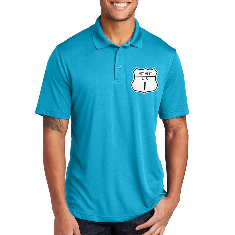 Road Sign 1 Keywest Highway Graphic Design PosiCharge Competitor Polo Tee Shirt Atomic Blue XS