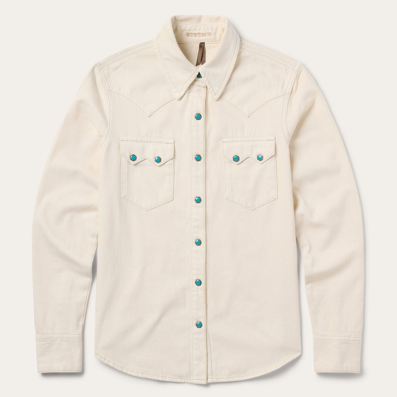 Turquoise Snap Western Denim Shirt Cream XS