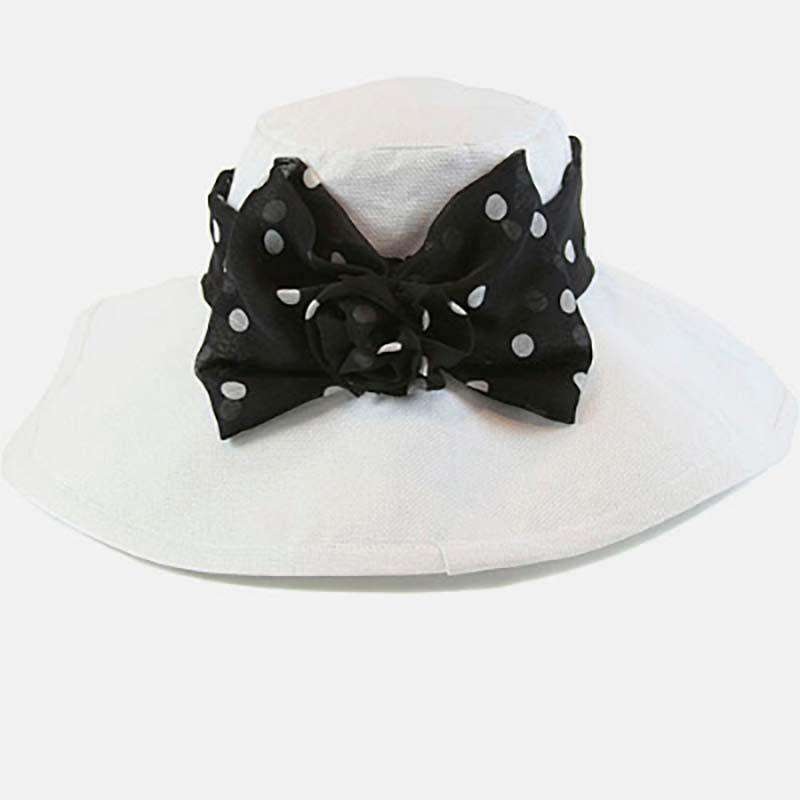Linen Hat with Polka Dot Tie and Bow Ivory