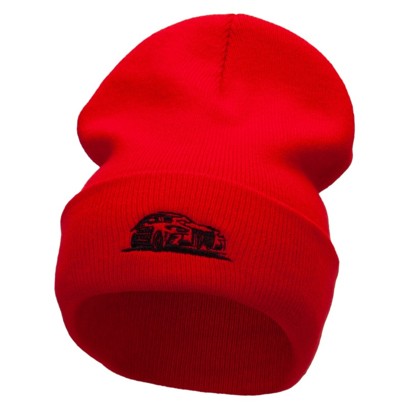 Luxury Car Embroidered 12 Inch Long Knitted Beanie Red One Size