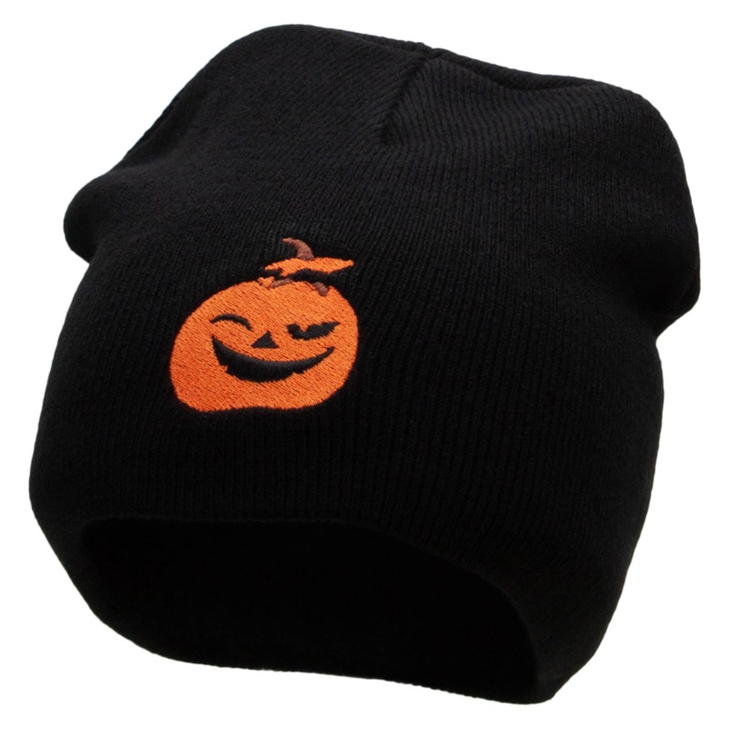 Smiling Pumpkin Embroidered 8 Inch Short Beanie Black One Size