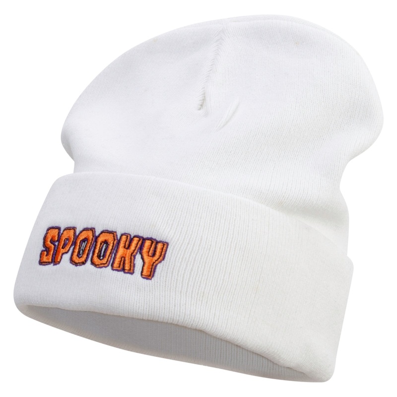 Spooky Text Embroidered Big Size Superior Cotton Long Knitting Beanie White XL-3XL