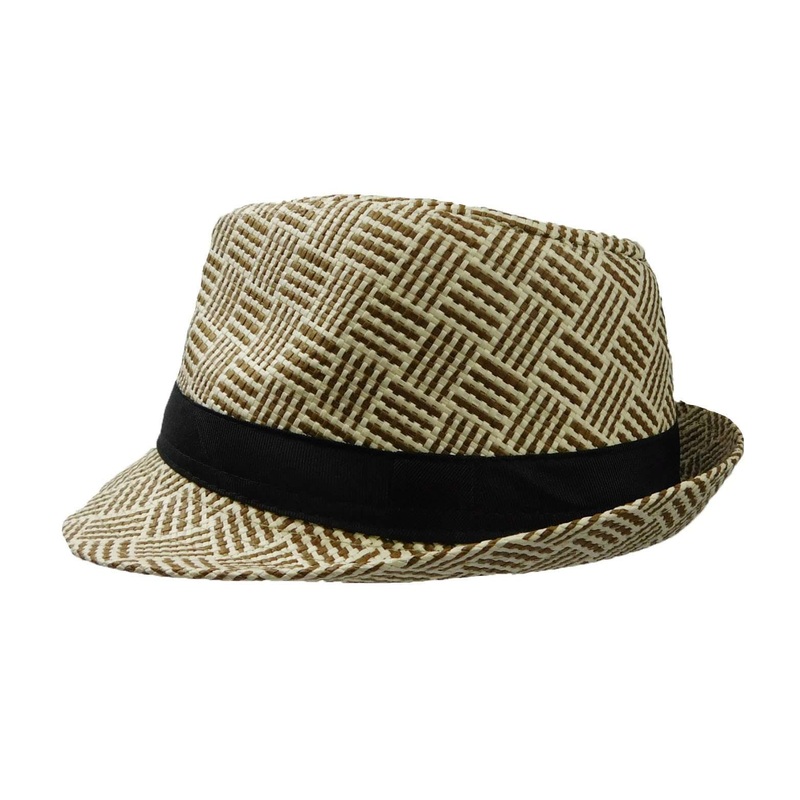Summer Trilby Fedora Hat with Crossbar Pattern Brown L/XL