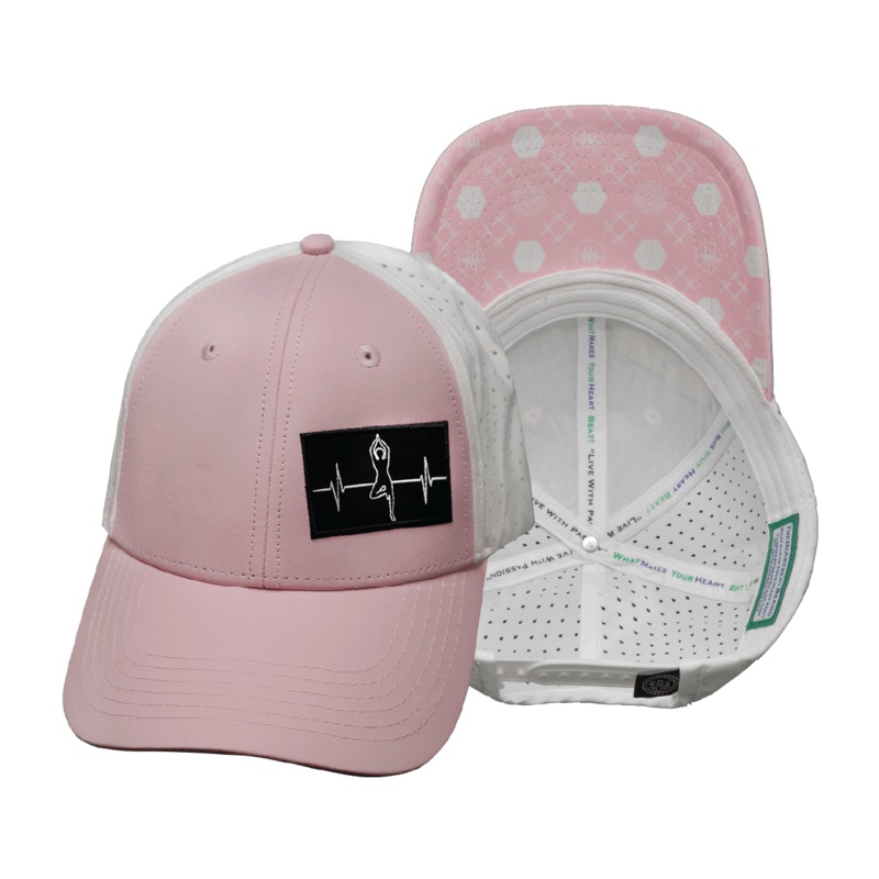 Yoga Hat – Low Profile – Ponytail – Pink / White – Laser Mesh