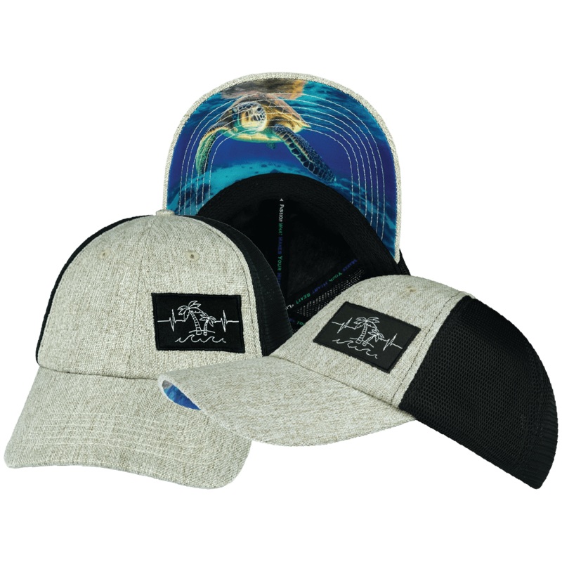 Beach Hat – Dad Hat – Gray Tan Hemp / Black – Soft Trucker Mesh