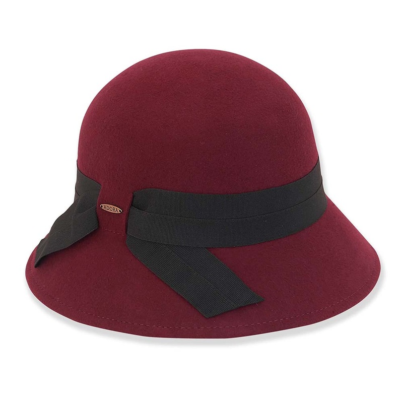 Double Ribbon Band Wool Felt Cloche – Adora Wool Hat Burgundy Medium (57.5 cm)
