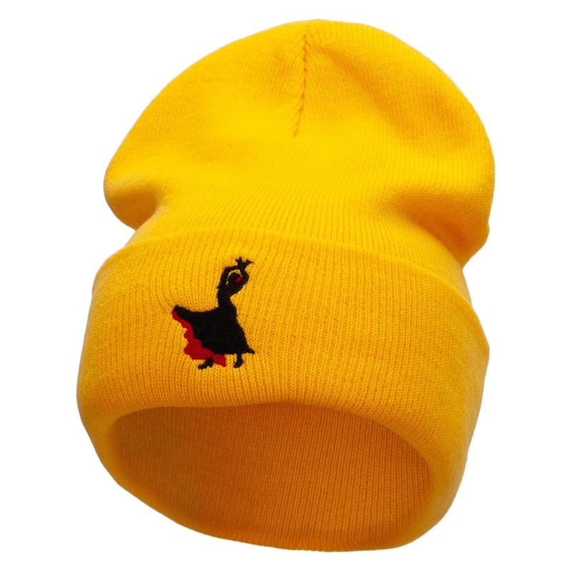 Flamenco Dancer Embroidered 12 Inch Long Knitted Beanie Yellow One Size