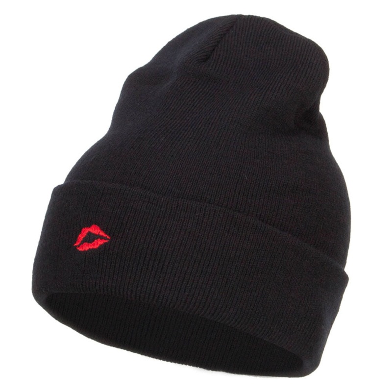 Mini Lips Embroidered Long Beanie Black One Size