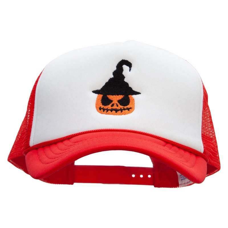 Scary Witch Pumpkin Embroidered Summer Foam Mesh Trucker Cap Red White One Size