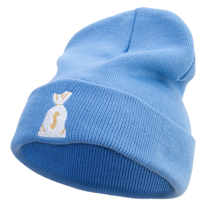 Sheriff Money Bag Logo Embroidered 12 Inch Long Knitted Beanie Sky Blue One Size
