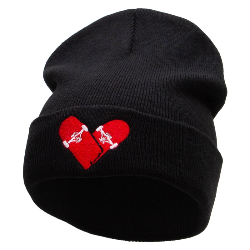 Skate Heart Embroidered 12 Inch Long Knitted Beanie Black One Size
