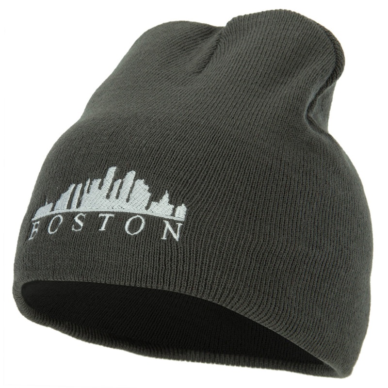 Boston Skyline Embroidered 8 Inch Knitted Short Beanie Dk Grey One Size