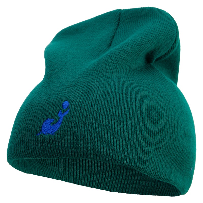 Cute Seal Embroidered 8 Inch Knitted Short Beanie Dk Green One Size