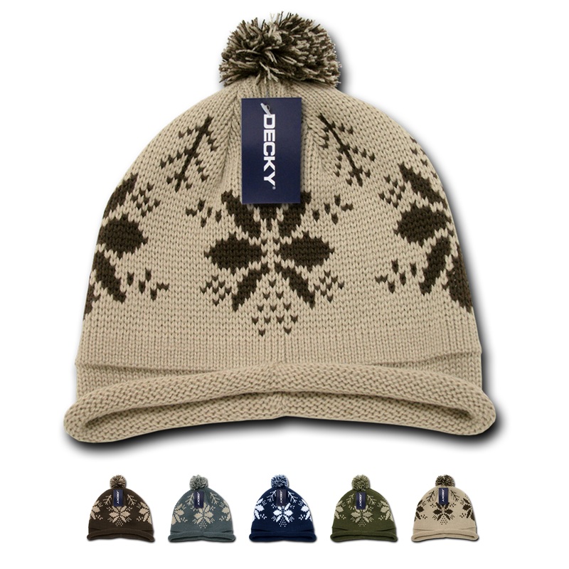 Decky 611B – Snowflake Roll Up Beanie with Pom Pom, Knit Cap Brown