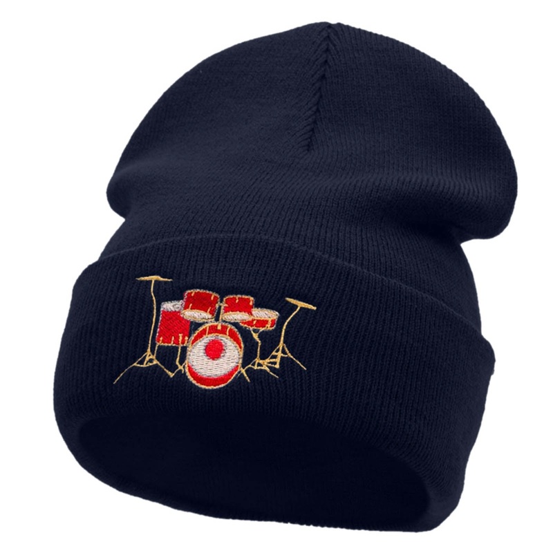 Drum Set Embroidered 12 Inch Long Knitted Beanie Navy One Size