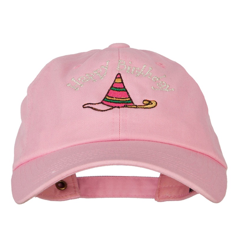 Glitter Happy Birthday with Hat Embroidered Unstructured Washed Cap Lt Pink One Size