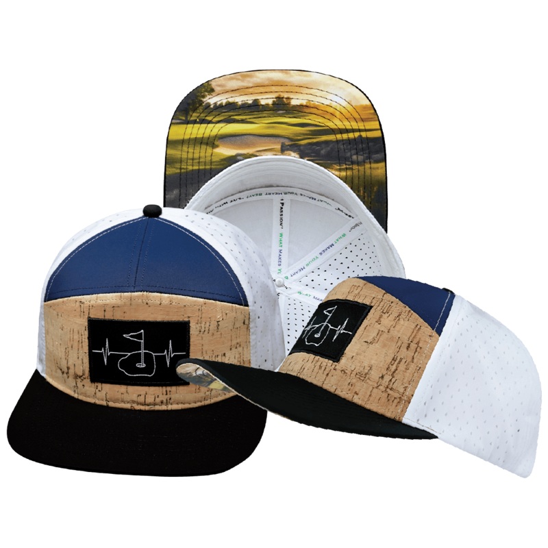 Golf Hat – Flat Bill – Cork – Black / Navy / White – Laser Mesh