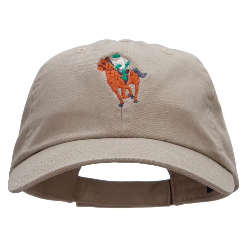 Horse Riding Jockey Embroidered Low Profile Dyed Cotton Twill Cap Khaki One Size