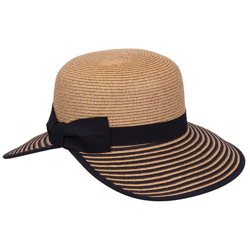 Karen Keith Striped Brim Straw Facesaver Hat with Bow Black