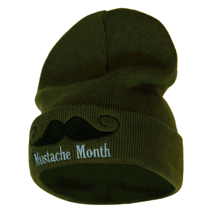 Mustache Month 12 Inch Long Knitted Beanie Olive One Size