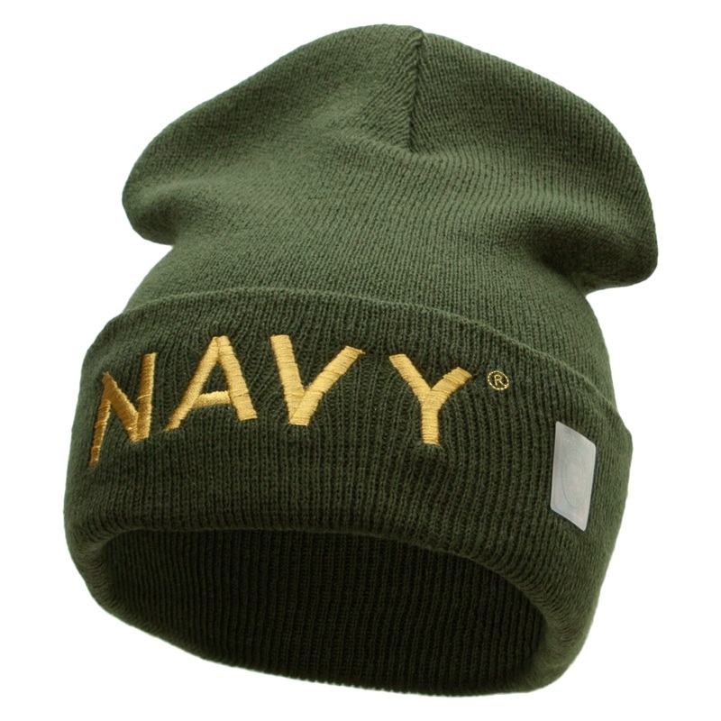 Navy Word Embroidered Long Beanie Made in USA Olive One Size