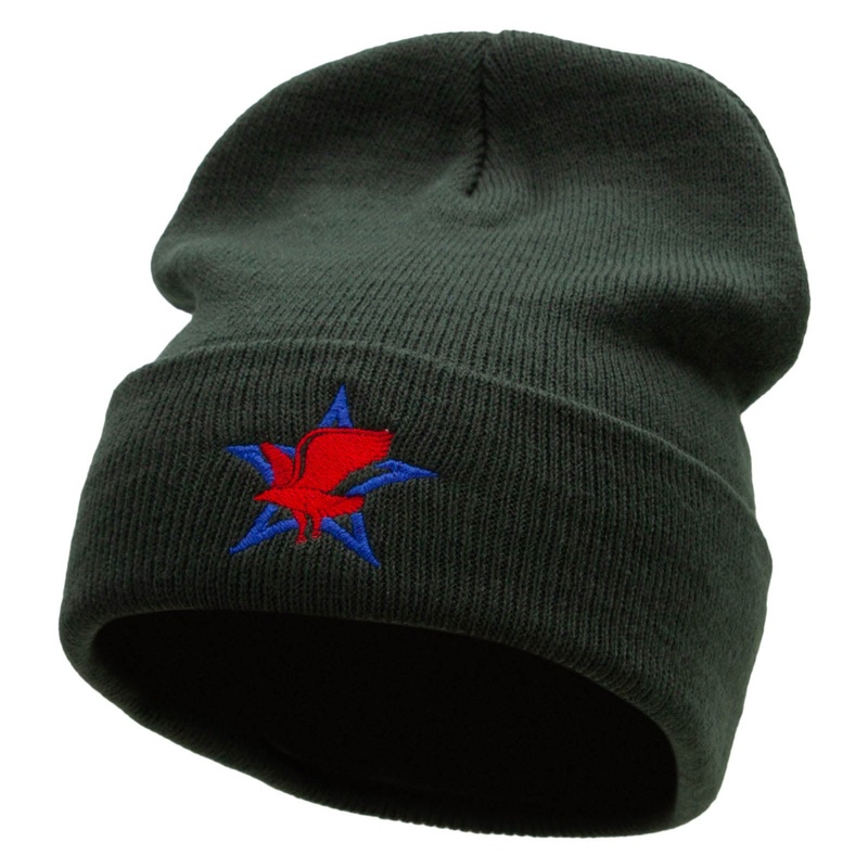 Patriotic Eagle Star Embroidered 12 Inch Long Knitted Beanie Olive One Size