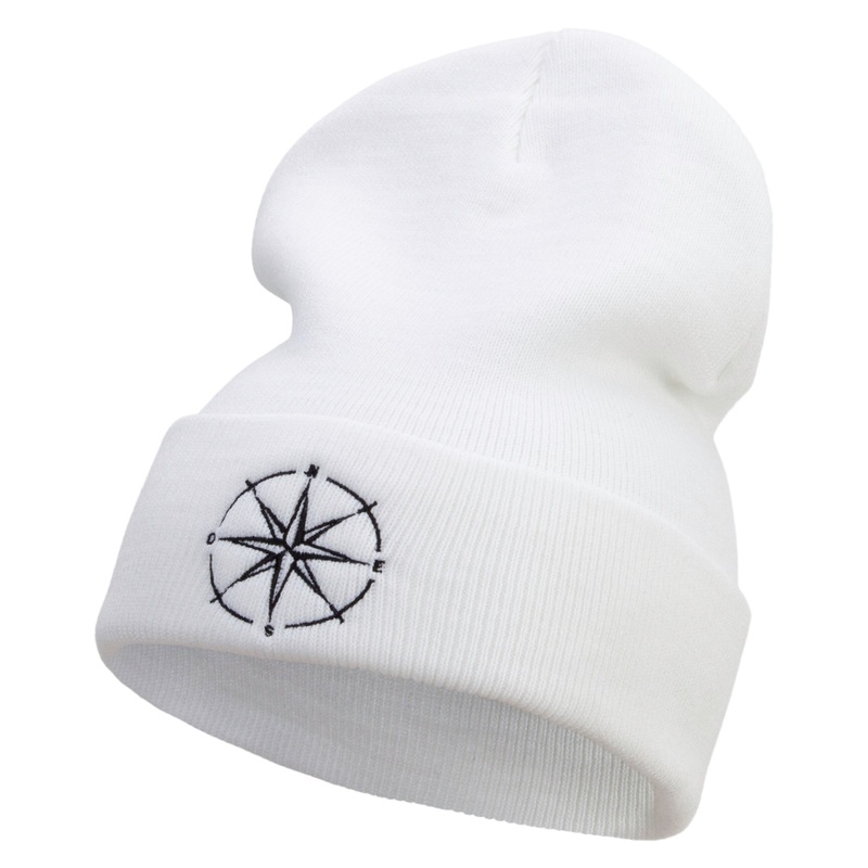 The Cardinal Direction Embroidered 12 Inch Long Knitted Beanie White One Size