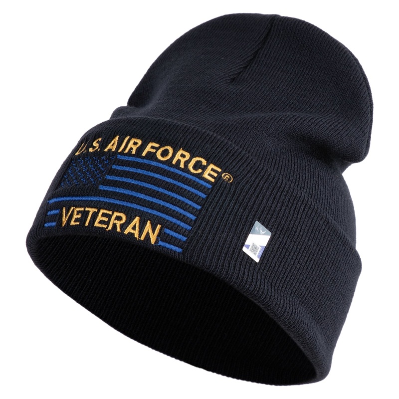 US Air Force Veteran with Flag Logo Embroidered 12 Inch Solid Knit Cuff Long Beanie Made in USA Navy One Size