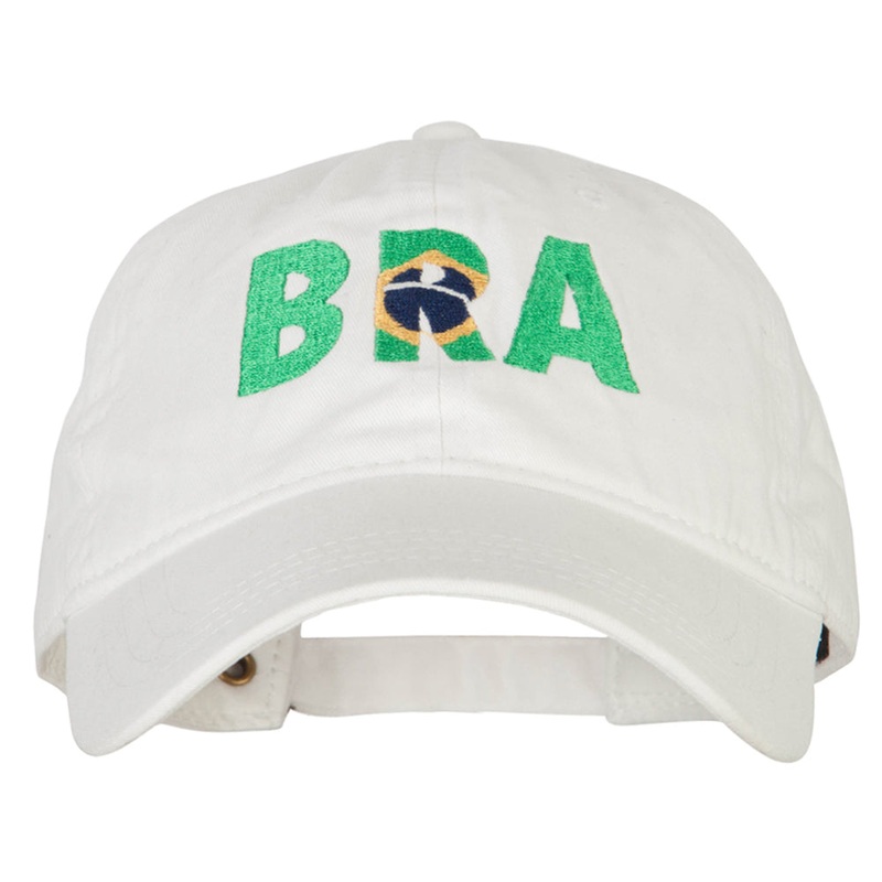 Brazil BRA Flag Embroidered Washed Cotton Twill Cap White One Size