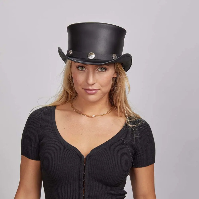 El Dorado Buffalo Nickel | Womens Leather Top Hat with Buffalo Nickel Hat Band Black SM