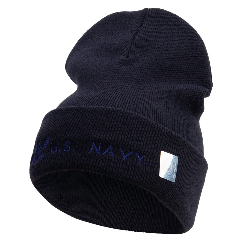 Made in USA Eagle U.S. Navy Logo Embroidered 12 Inch Solid Knit Cuff Long Beanie Navy One Size