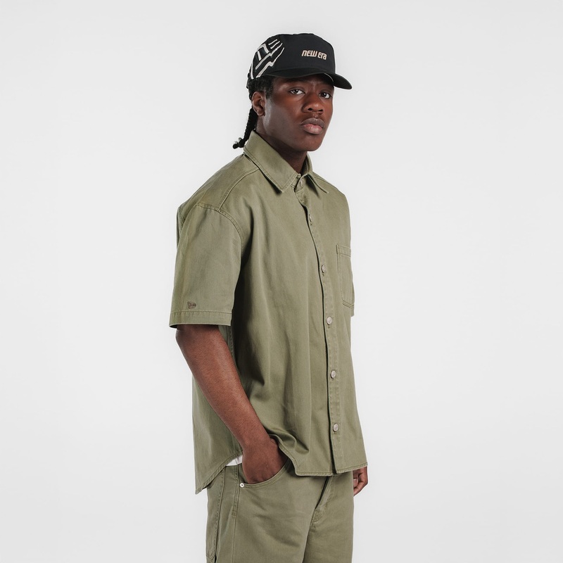 New Era Branded Ellicott Green Bark Twill Half Sleeve Button Up Shirt S