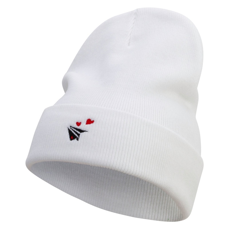 Paper Airplane Hearts Embroidered 12 Inch Long Knitted Beanie White One Size