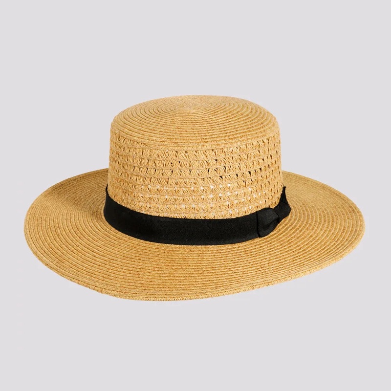 Rialto | Womens Sewn Paper Braid Boater Sun Hat with Ribbon Band Black OS