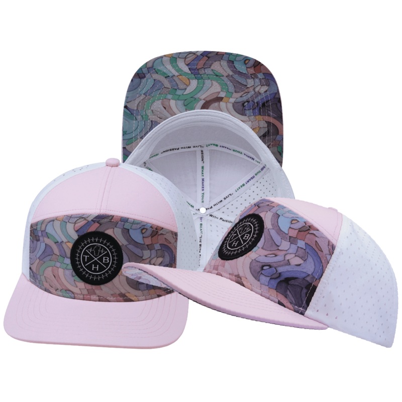 **YOUTH** Color Vibes Hat – Flat Bill – Mosaic Curves – Light Pink / White – Laser Mesh